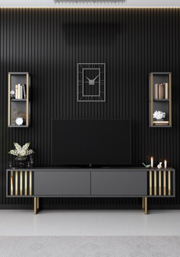 NORDVRK Gold Line TV-bord og 2 vegghyller - antrasittgr melamin og svart metall (sett med 3)