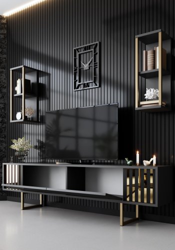 NORDVRK Gold Line TV-bord og 2 vegghyller - antrasittgr melamin og svart metall (sett med 3)