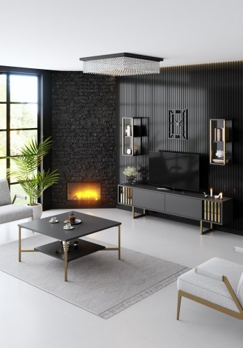 NORDVRK Gold Line TV-bord og 2 vegghyller - antrasittgr melamin og svart metall (sett med 3)