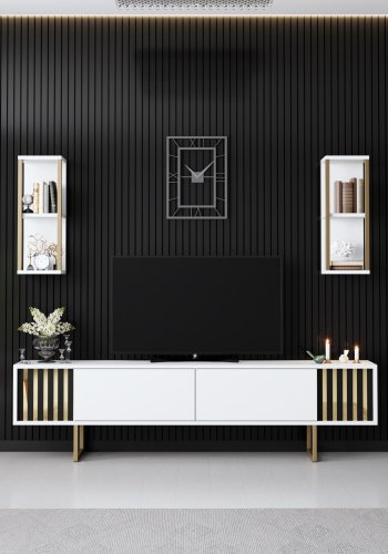 NORDVRK Gold Line TV-bord og 2 vegghyller - hvit melamin og svart metall (sett med 3)