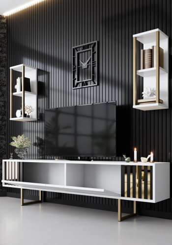 NORDVRK Gold Line TV-bord og 2 vegghyller - hvit melamin og svart metall (sett med 3)