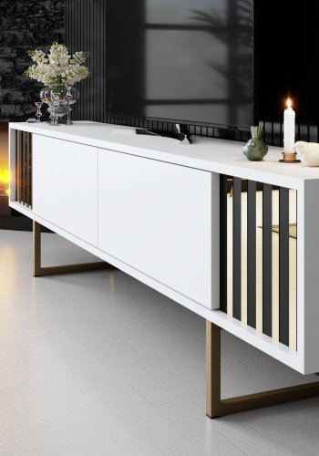 NORDVRK Gold Line TV-bord og 2 vegghyller - hvit melamin og svart metall (sett med 3)