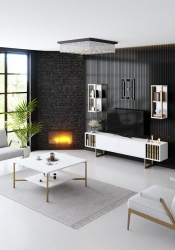 NORDVRK Gold Line TV-bord og 2 vegghyller - hvit melamin og svart metall (sett med 3)