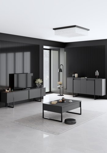 NORDVRK Luxe konsollbord, m. 4 drer og 4 hyller - antrasitt melamin og svart metall (160x35)