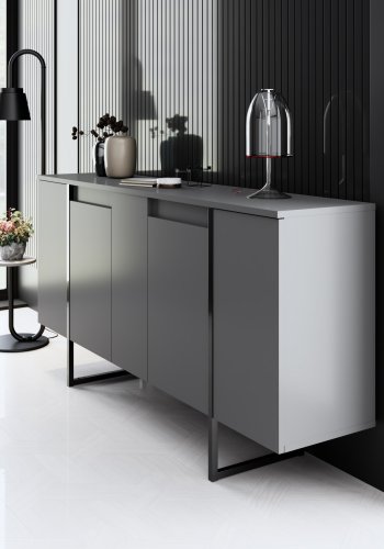 NORDVRK Luxe konsollbord, m. 4 drer og 4 hyller - antrasitt melamin og svart metall (160x35)