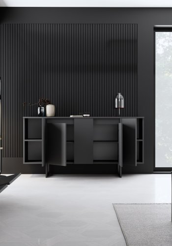 NORDVRK Luxe konsollbord, m. 4 drer og 4 hyller - antrasitt melamin og svart metall (160x35)