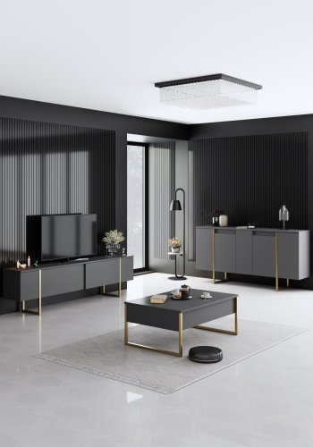 NORDVRK Luxe konsollbord, m. 4 drer og 4 hyller - antrasittgr melamin og gullmetall (160x35)