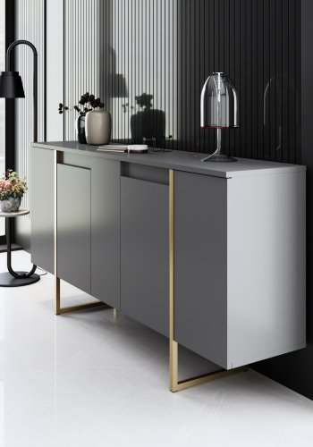 NORDVRK Luxe konsollbord, m. 4 drer og 4 hyller - antrasittgr melamin og gullmetall (160x35)