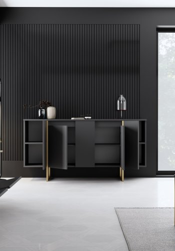 NORDVRK Luxe konsollbord, m. 4 drer og 4 hyller - antrasittgr melamin og gullmetall (160x35)