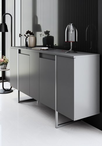 NORDVRK Luxe konsollbord, m. 4 drer, 4 hyller - antrasittgr melamin og slvmetall (160x35)