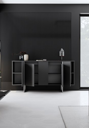 NORDVRK Luxe konsollbord, m. 4 drer, 4 hyller - antrasittgr melamin og slvmetall (160x35)