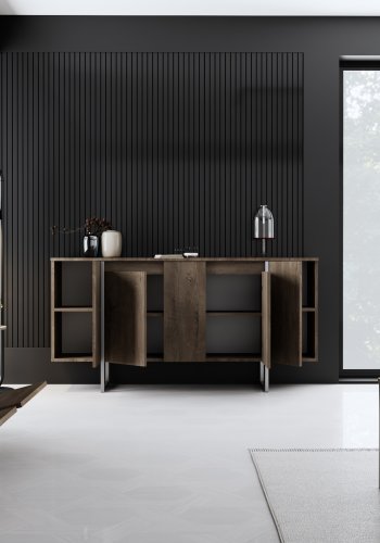 NORDVRK Luxe konsollbord, m. 4 drer, 4 hyller - valnttmelamin og slvmetall  (160x35)