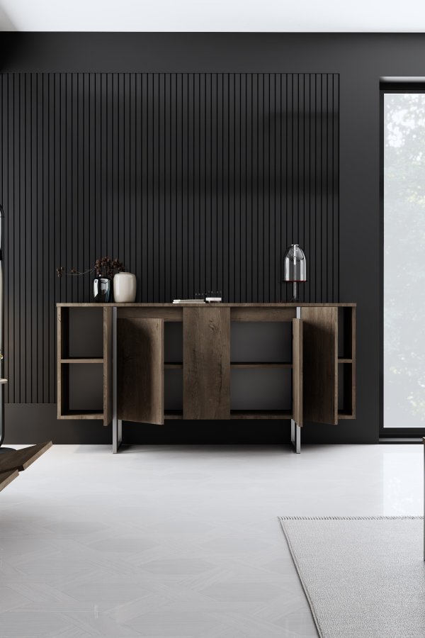 NORDVRK Luxe konsollbord, m. 4 drer, 4 hyller - valnttmelamin og slvmetall  (160x35)