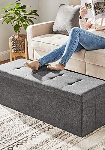 Songmics benk, sammenleggbar, med lokk og metalldeler - mrkegr imitert lin (110x38)