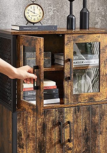 VASAGLE Schrank, m. 2 Glastüren, 2 Holztüren, Einlegeböden, Gitterdesign – rustikale braune Spanplatte und schwarzer Stahl