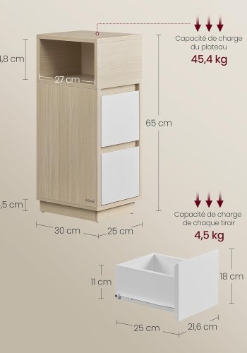 VASAGLE Kailyn Collection - Smalt natbord, sidebord, 2 skuffer og �bent rum, venstre- eller h�jremontering, sovev�relse, stue, naturlig beige og skyhvid LET656N01