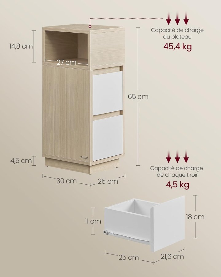 VASAGLE Kailyn Collection - Smalt natbord, sidebord, 2 skuffer og �bent rum, venstre- eller h�jremontering, sovev�relse, stue, naturlig beige og skyhvid LET656N01