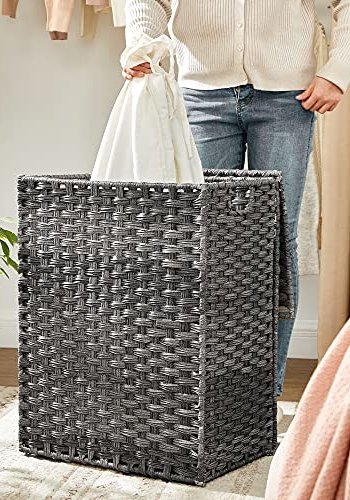 SONGMICS skittentyskurv, 90L, sammenleggbar, med lokk, hndtak, avtagbar innerpose - gr polyrattan