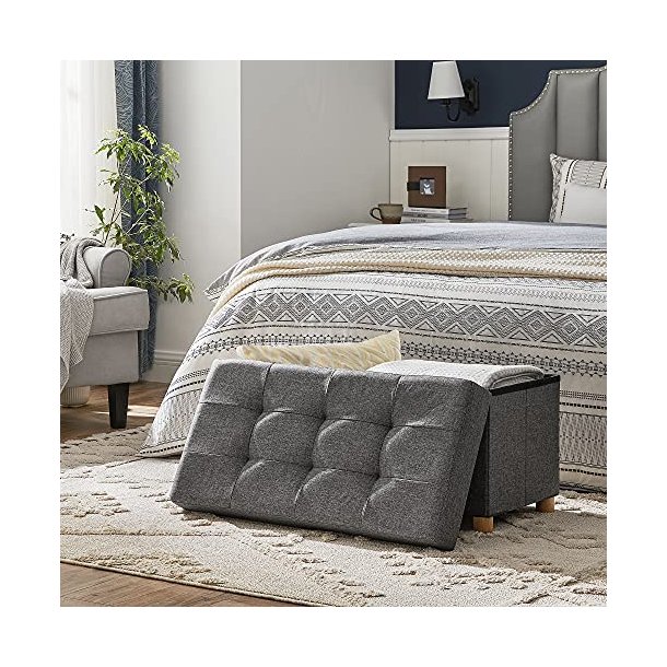 SONGMICS opbevaringsbnk, m. 1 lg, foldbar - mrkegr linned og natur tr (76x38)