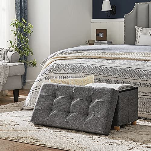 SONGMICS oppbevaringsbenk, m. 1 lokk, sammenleggbart - mrkegr lin og naturlig tre (76x38)