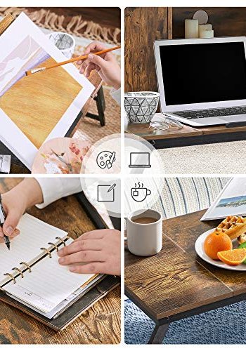 SONGMICS Brbart skrivebord ved sengen, justerbar vippetopp, sammenleggbare ben, skuff - mrk brun bambus