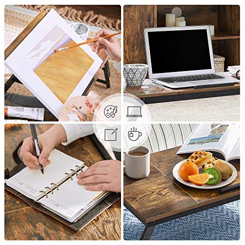 SONGMICS Brbart skrivebord ved sengen, justerbar vippetopp, sammenleggbare ben, skuff - mrk brun bambus