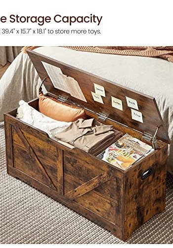 VASAGLE benk, med oppbevaringsplass og 2 sikkerhetshengsler - rustikk brun sponplate (100x40) 