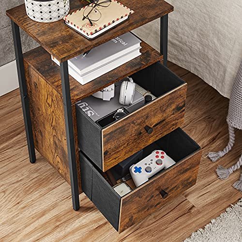 VASAGLE nattbord, m. 1 pen hylle og 2 skuffer - rustikk brun sponplate og sort stl (38x28)