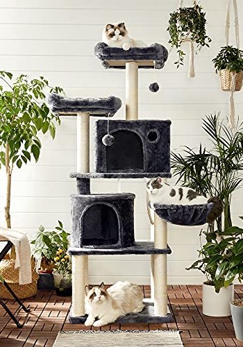 FEANDREA skrapestolpe, 5 niver, 2 plattformer, 2 huler, 2 pom-poms, 1 kurv - rykgr plysj