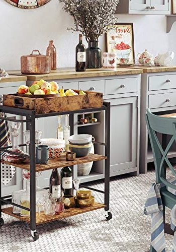 VASAGLE rullebord, m. aftagelig bakke og 2 hylder - brun spnplade og sort stl (65x40)