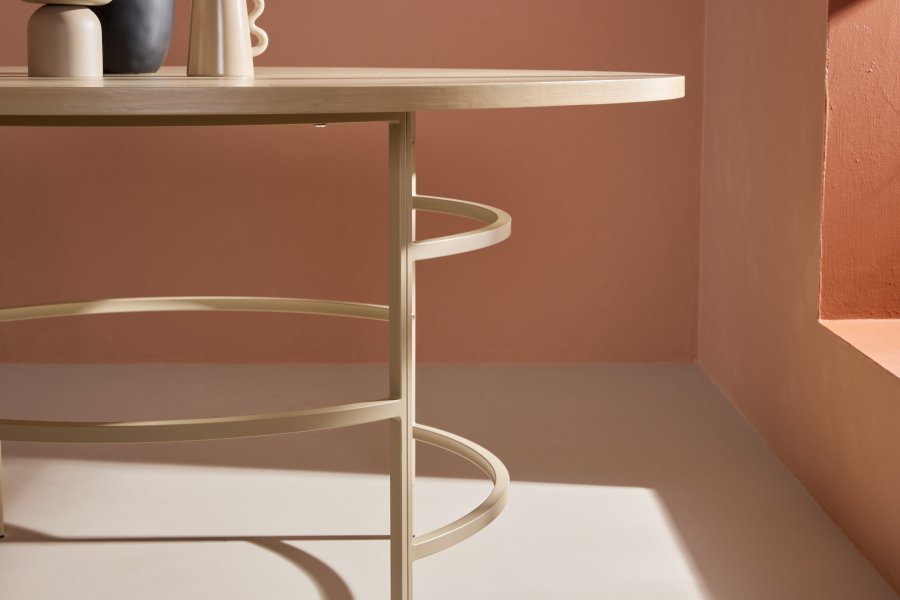 VENTURE DESIGN Copenhagen Esstisch, rund – weiß getünchtes MDF und beigefarbenes Metall (140)