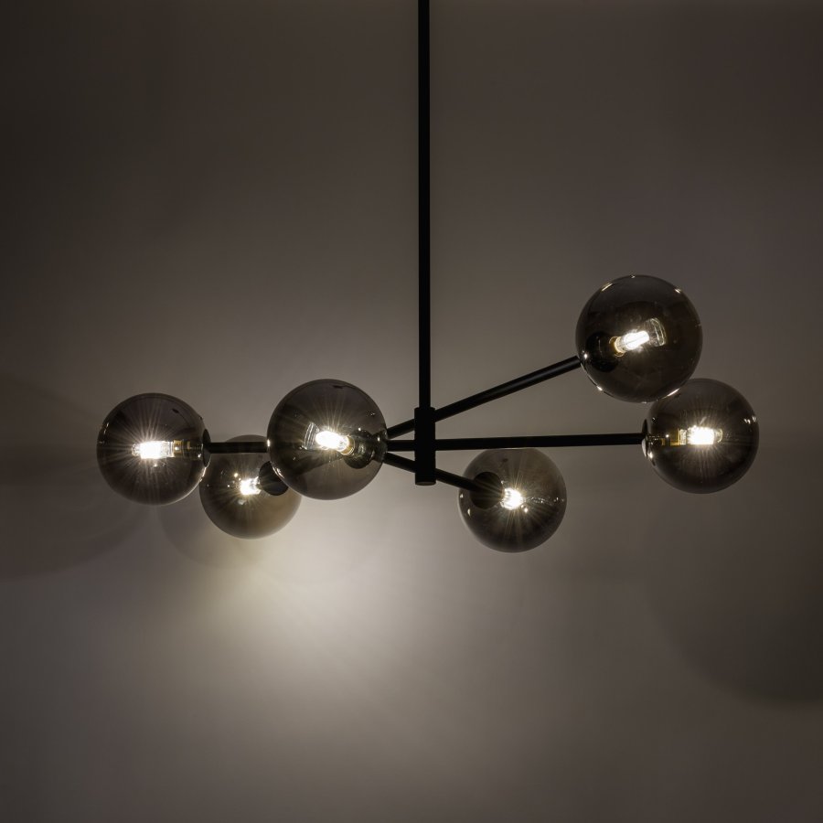 TK Sarius taklampe, hy, m. 6 skjermer - grafittgrtt glass og sort metall