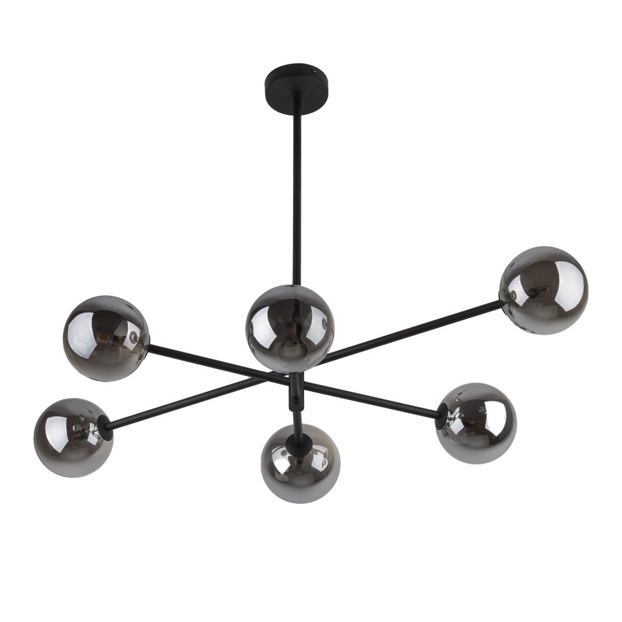 TK Sarius taklampe, hy, m. 6 skjermer - grafittgrtt glass og sort metall