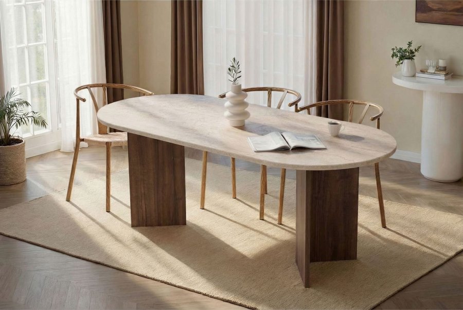 NORDV&Auml;RK Sabella spisebord, oval - sand travertin og brun Venezia valn�d melamin (200x90)
