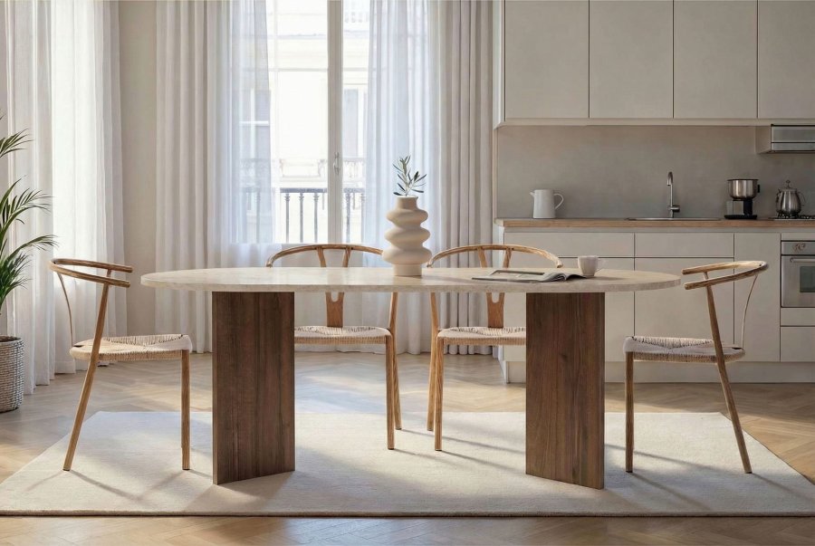 NORDV&Auml;RK Sabella spisebord, oval - sand travertin og brun Venezia valn�d melamin (200x90)