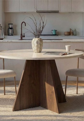 NORDV&Auml;RK Virella spisebord, rund - sand travertin og brun Venezia valn�d melamin (�120)