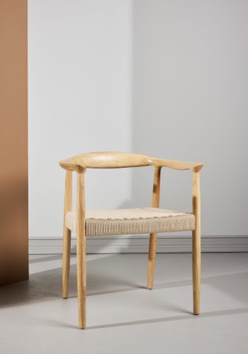 VENTURE DESIGN Lov�n spisebordsstol, m. arml�n - beige reb og hvidvasket gummitr�