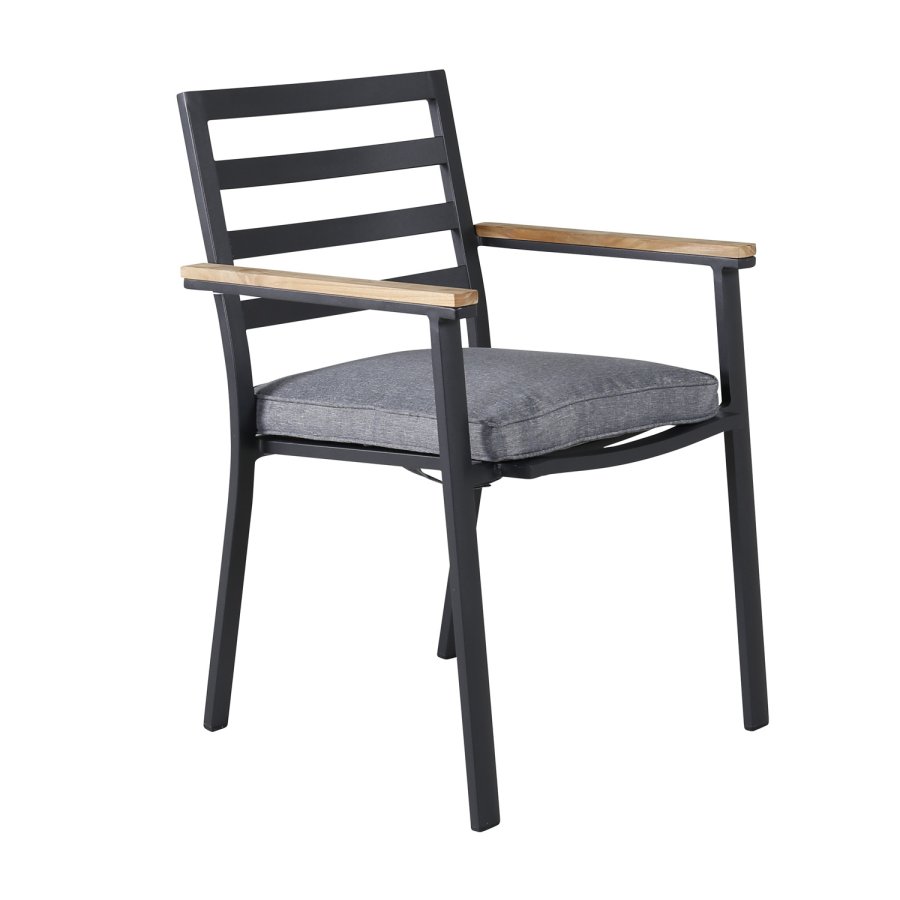 VENTURE DESIGN Brasilia hagestol, med armlener og mrkegr pute - naturlig teak og svart aluminium