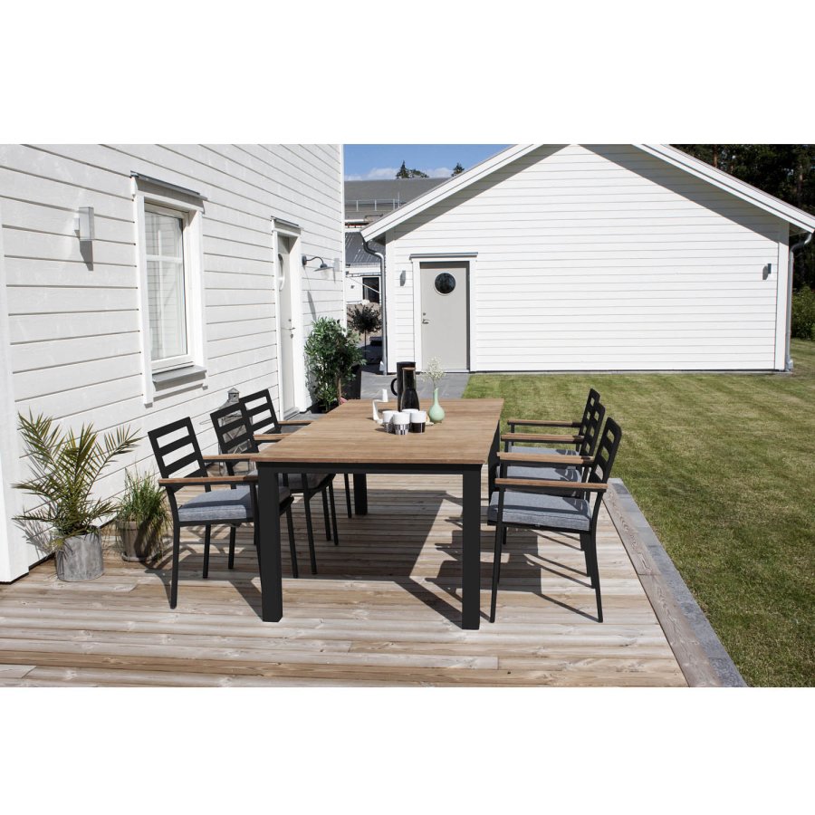 VENTURE DESIGN Brasilia hagestol, med armlener og mrkegr pute - naturlig teak og svart aluminium