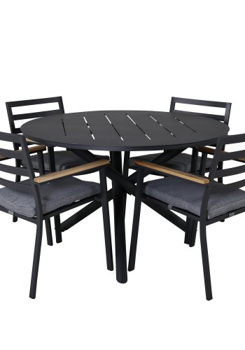 VENTURE DESIGN Brasilia hagestol, med armlener og mrkegr pute - naturlig teak og svart aluminium