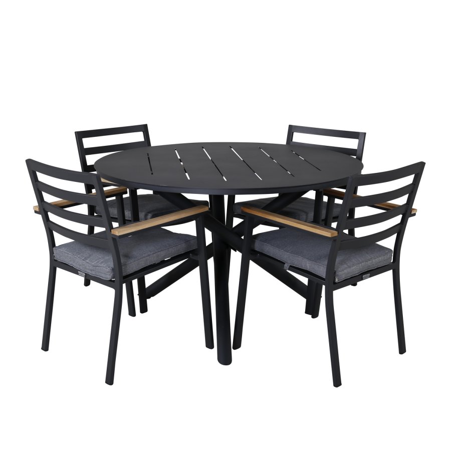 VENTURE DESIGN Brasilia hagestol, med armlener og mrkegr pute - naturlig teak og svart aluminium