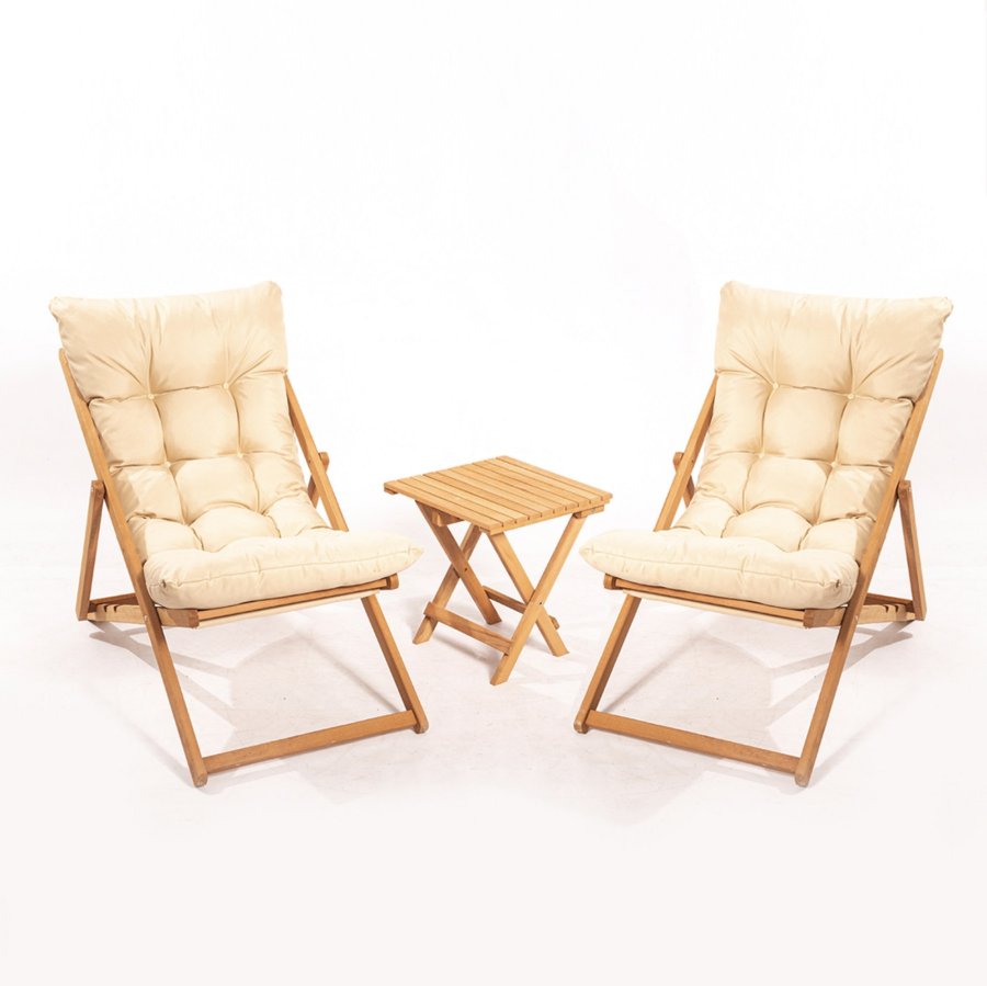 NORDVRK My005 loungesett med 1 hagebord og 2 solsenger - kremfarget pute og naturlig bketre