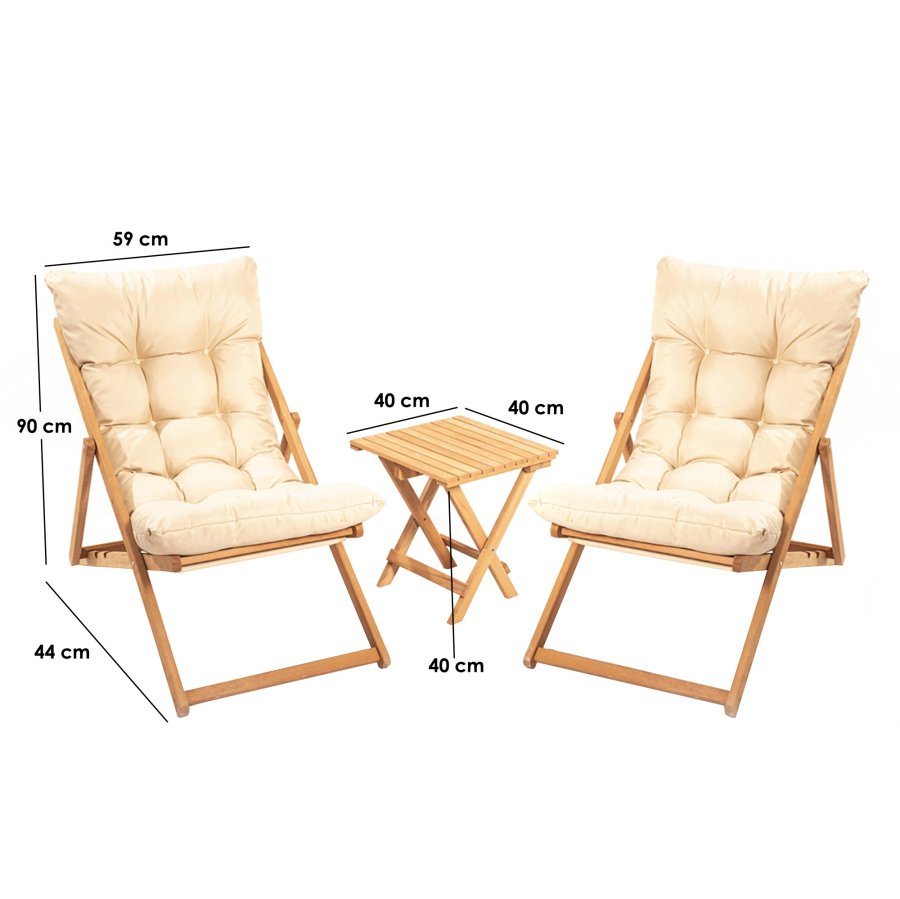 NORDVRK My005 loungesett med 1 hagebord og 2 solsenger - kremfarget pute og naturlig bketre
