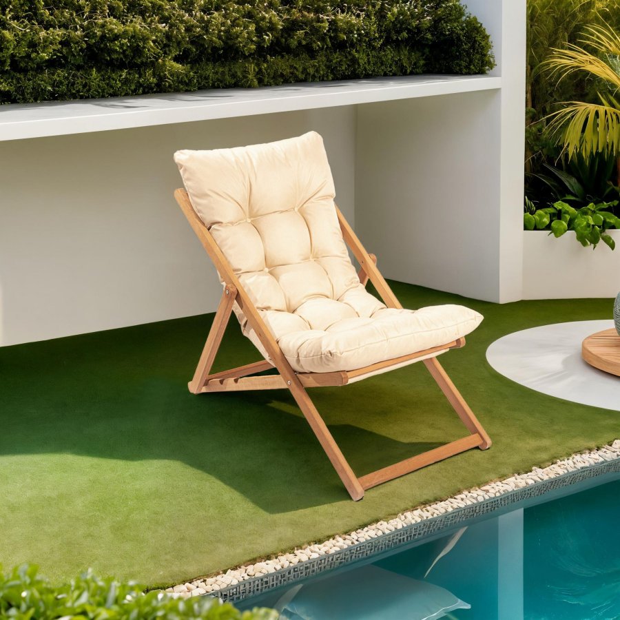 NORDVRK My006 utendrs solstol, m. kremfarget pute, justerbar ryggsttte - naturlig bketre