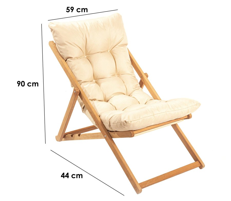 NORDVRK My006 utendrs solstol, m. kremfarget pute, justerbar ryggsttte - naturlig bketre
