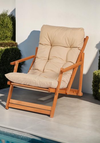 NORDV�RK My008 utend�rs solstol, m. kremfarget pute, armlener, justerbar ryggst�tte - naturlig b�ketre