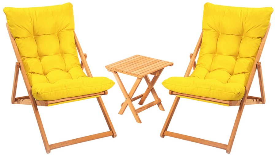 NORDVRK My005 loungesett med 1 hagebord og 2 solstoler - gul pute og naturlig bketre