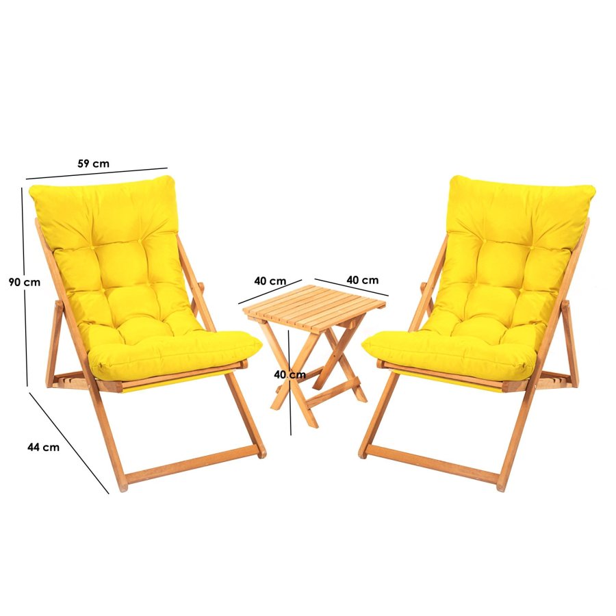 NORDVRK My005 loungesett med 1 hagebord og 2 solstoler - gul pute og naturlig bketre