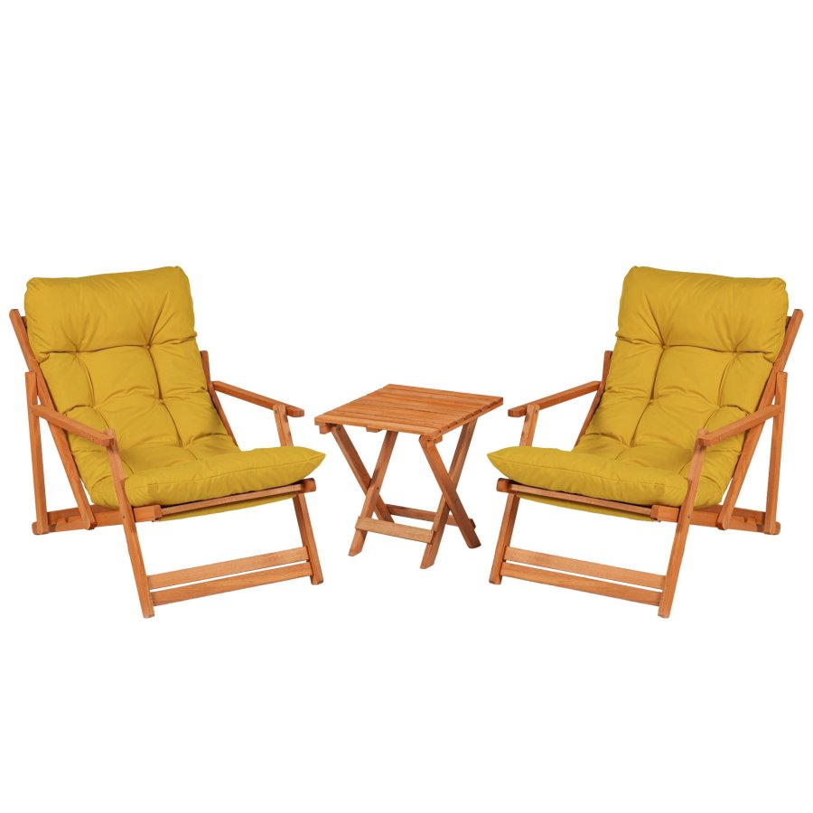 NORDVRK MY007 salongsett, m. 2 hagestoler, 1 hagebord og gule puter - naturlig bketre