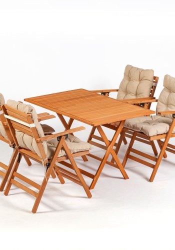NORDVRK My009 V2 hagesett m. 1 hagebord og 4 hagestoler. 4 pos., sammenleggbar - kremfargede puter/naturlig bk